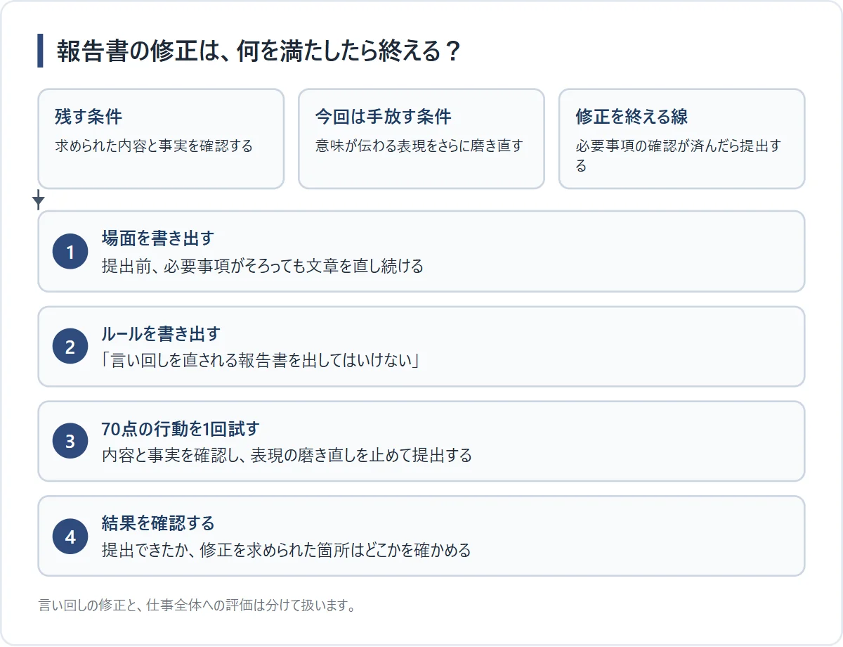 報告書の修正を区切るために残す条件と手放す条件を分け、70点実験の結果を確かめる図